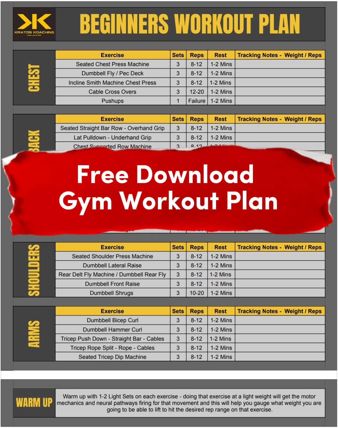FREE 5-Day Beginner Bodybuilding Gym Plan | Kratos Koaching